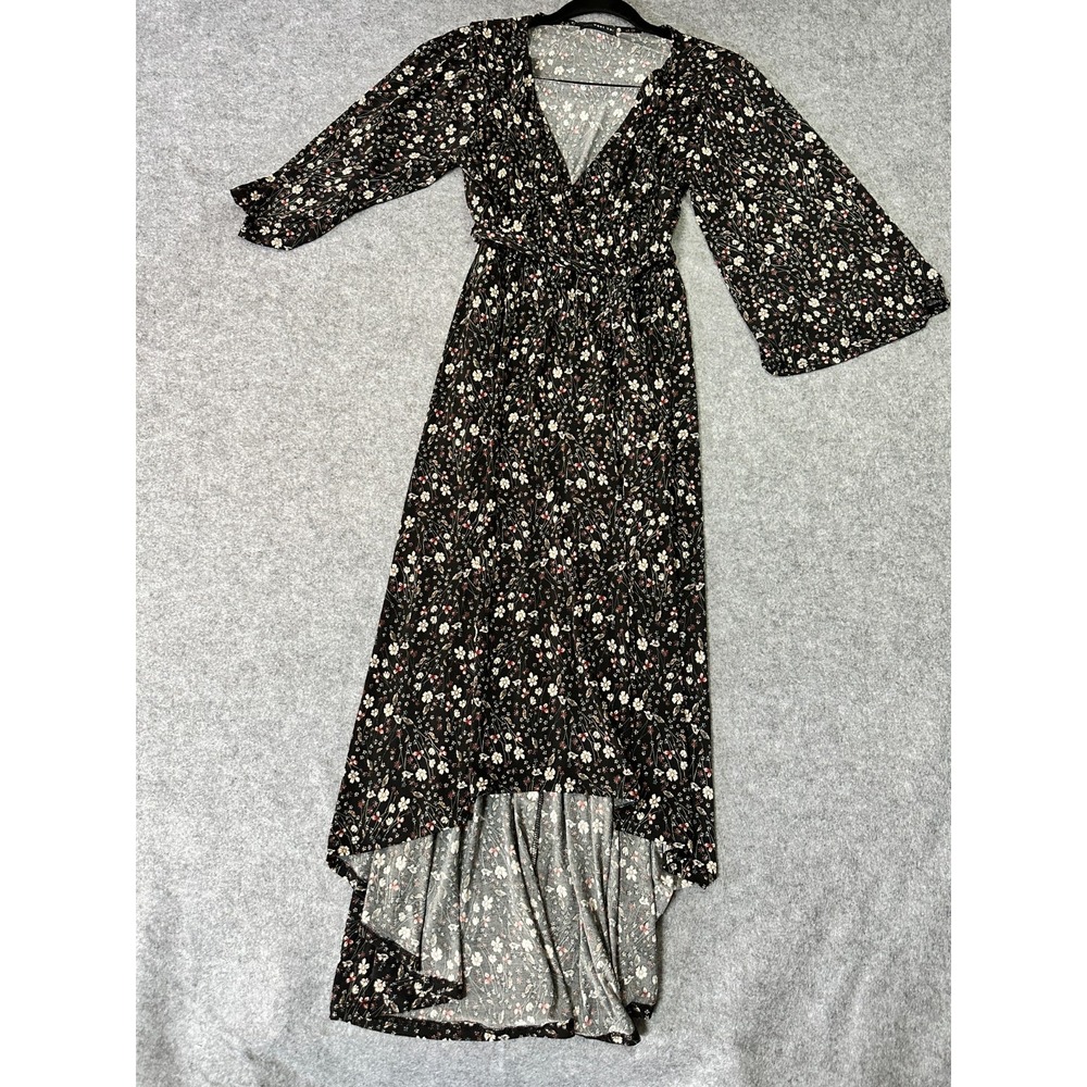 West Kei Maxi Dress Women Medium Black Floral Stretch High Low Hem Surplice Neck